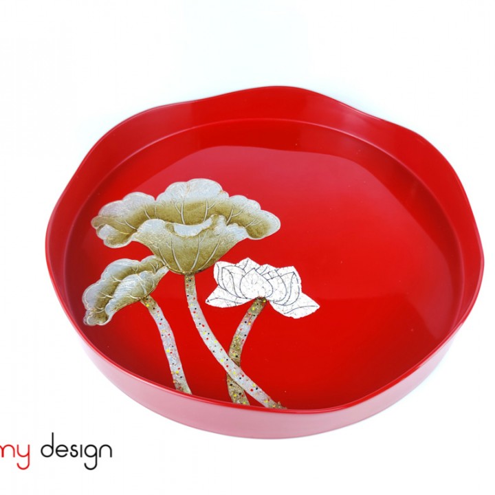 Red round lacquer tray hand-painted with lotus 33 cm